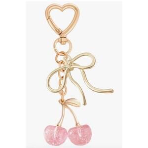 Cherry Keychain Charm Womenβs Gold Pink Glitter Heart Bow